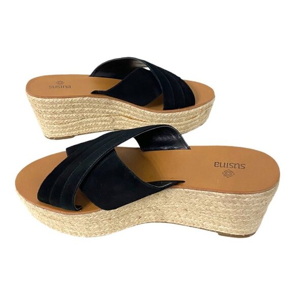 Susina Black Suede Leather Summer Comfort Wedges Platform Espadrille Sandals, 9 - Picture 3 of 11